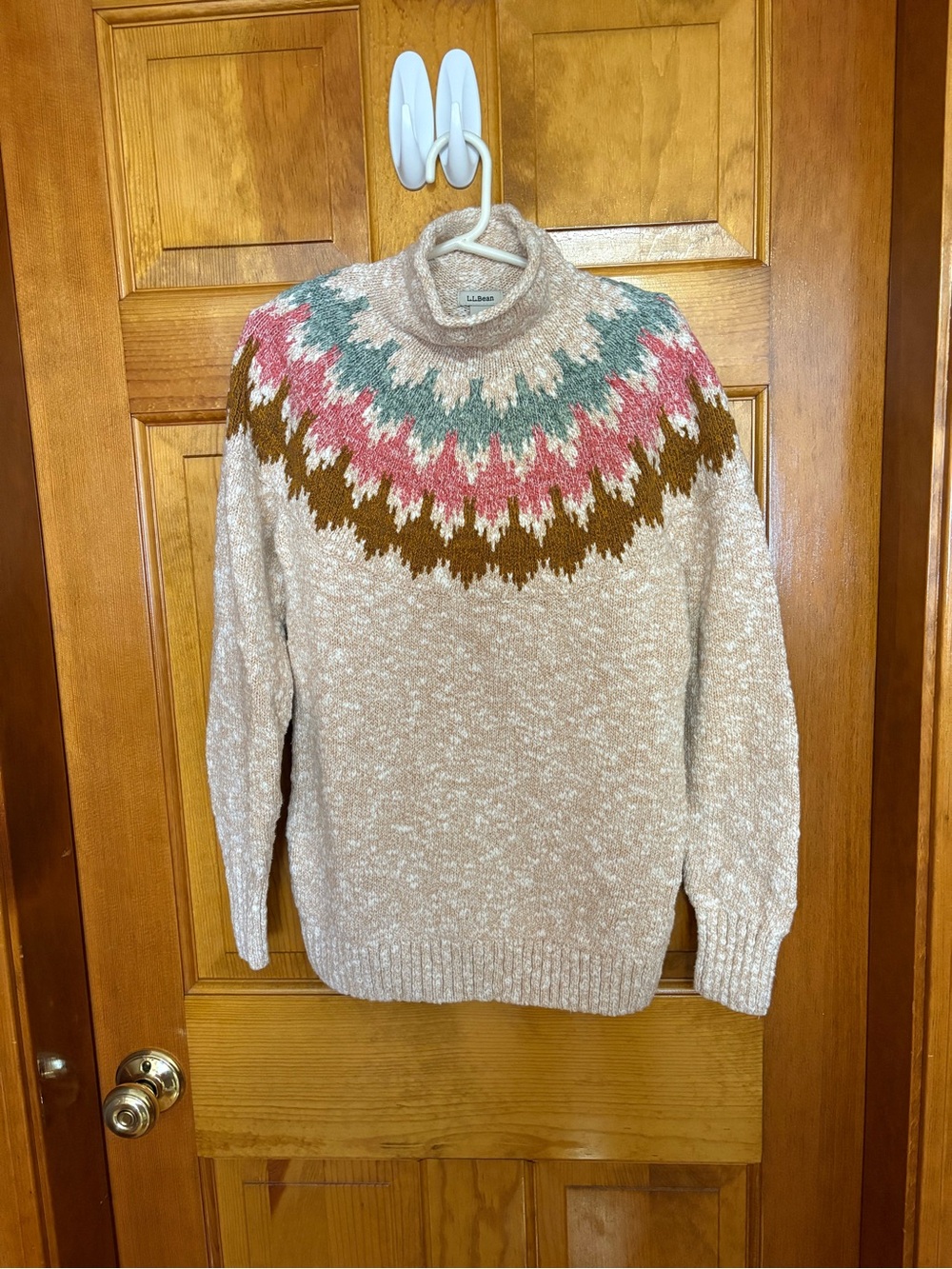 L.L. Bean Fair Isle Turtleneck Sweater in Oatmeal with Pink, Teal & Brown Yoke